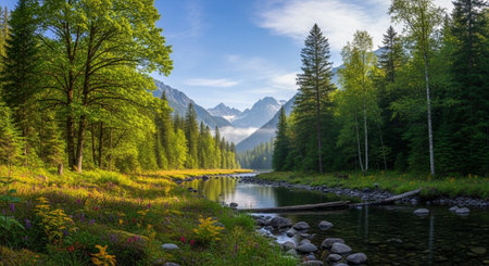 Scenic river flowing through a lush green forest valleyの写真素材