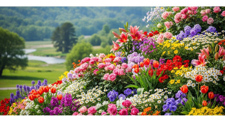 Abundant colorful flower garden with vibrant blooms in springtimeの写真素材