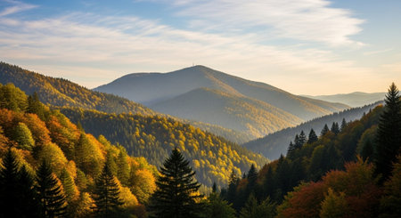 Scenic mountain range with autumn foliage and clear skyの写真素材
