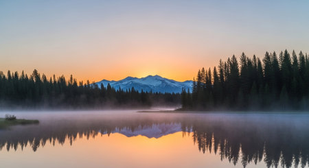 Sunrise over mountain lake reflecting trees and snowy peakの写真素材