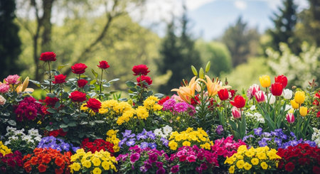 Vibrant garden bed with diverse flowers and blurred backgroundの写真素材