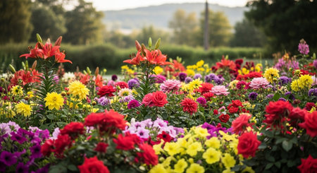 Vibrant flower field showcases reds, yellows and purple hues