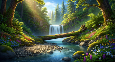 Serene waterfall landscape in a lush forest with vibrant floraの写真素材