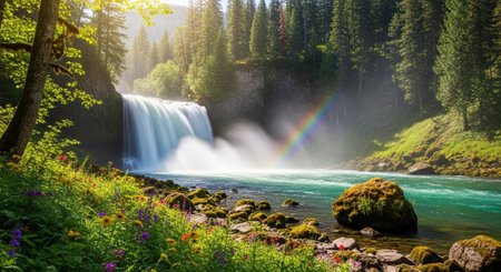 Majestic waterfall scene with rainbow in lush forest landscapeの写真素材