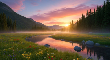 Serene sunrise over mountain river with wildflowers meadowの写真素材