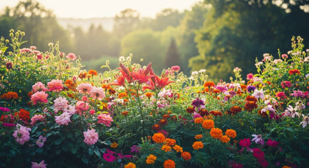 Vibrant flowerbed scene with lilies roses and blurred backdrop