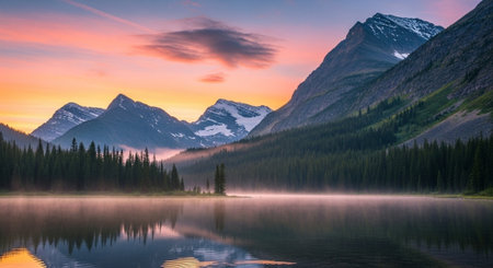 Tranquil mountain lake at sunrise with reflections and mistの写真素材