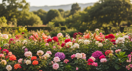 Vibrant flowerbed filled with colorful blooms in garden settingの写真素材