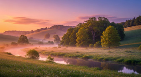 Serene riverside landscape with ethereal mist at sunrise or sunsetの写真素材