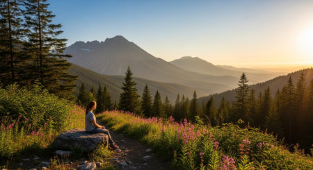 Woman resting on rock, mountain landscape at sunsetの写真素材