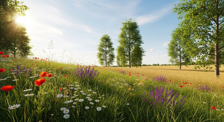 Scenic wildflower meadow and golden wheat field under skyの写真素材