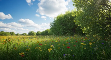 Idyllic summer meadow filled with wildflowers under a blue skyの写真素材