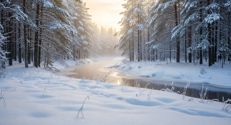 Winter landscape with snow-covered trees and winding river
