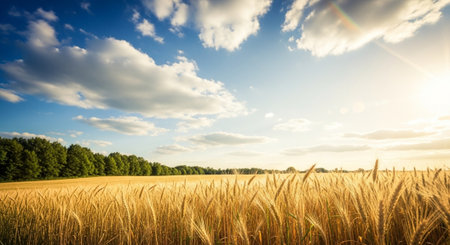Golden wheat field under blue sky with fluffy clouds