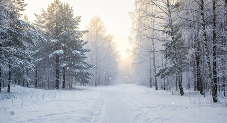 Snowy winter forest path illuminated by soft sunlight