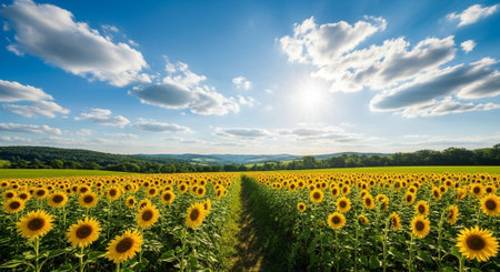 Sunflower field under blue sky with puffy white clouds