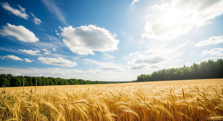 Golden wheat field against a bright blue sky backdrop