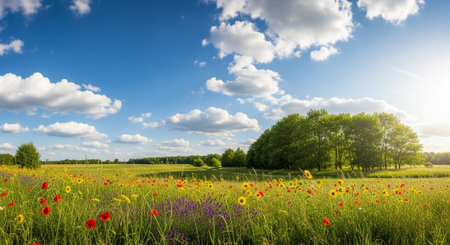Vibrant wildflower meadow beneath a bright blue summer sky