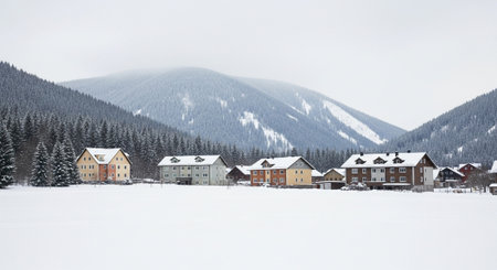 Snowy village scene with mountains and winter forest backdropの写真素材