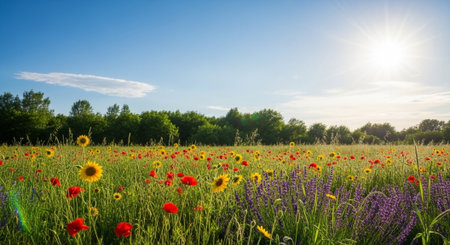 Vibrant wildflower field under clear blue sky on sunny day