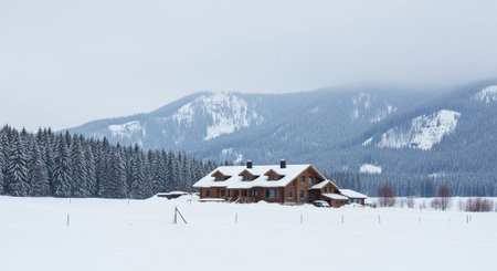 Winter cabin nestled in snowy landscape near mountains