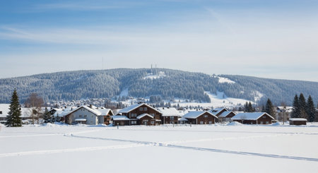 Idyllic winter village scene nestled in snow covered mountains