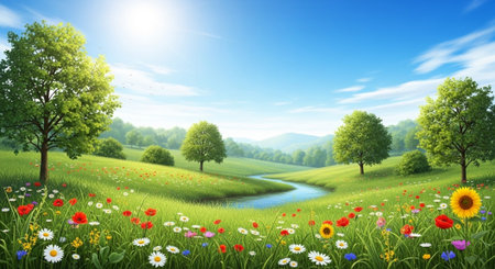 Lush meadow with colorful wildflowers and tranquil stream landscapeの写真素材