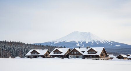 Scenic winter landscape with houses snow and distant mountain
