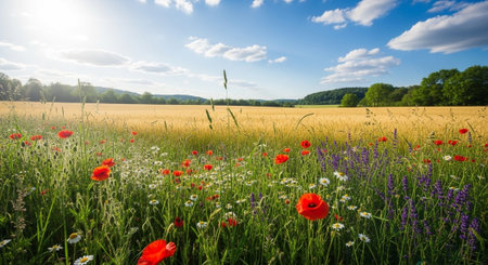 Sunlit wheat field with wildflowers under a blue sky