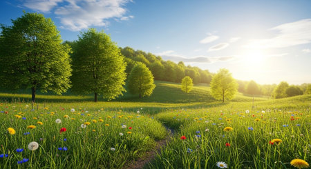 Scenic meadow landscape with wildflowers, trees, and sunny sky