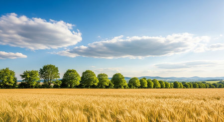 Golden wheat field with row of trees under skyの写真素材