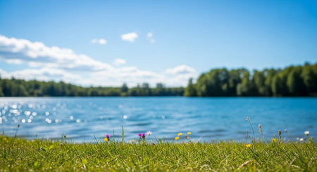 Scenic lakeside view with vibrant green grass foregroundの写真素材