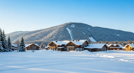 Winter landscape with snow-covered houses and mountain backdrop