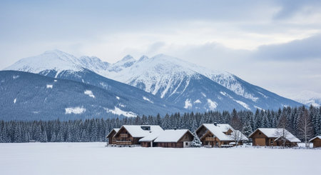 Winter landscape with snow covered houses and mountains