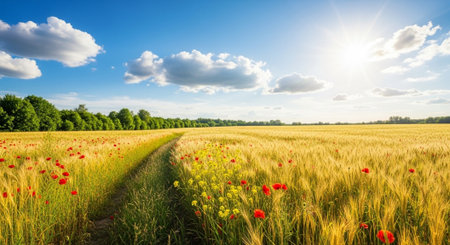 Golden wheat field with poppies under sunny sky landscape