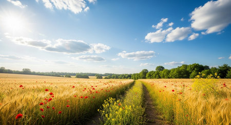 Golden wheat field with poppies under blue sky pathの写真素材