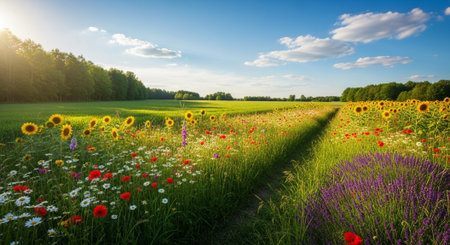 Scenic wildflower meadow landscape with sunflowers and blue sky