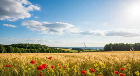 Golden wheat field with poppies under blue sky