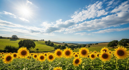 Lush sunflower field under a bright sky and sun