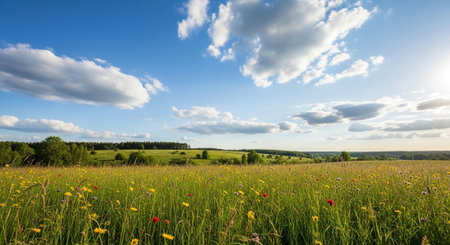 Scenic wildflower meadow with blue sky and cumulus clouds