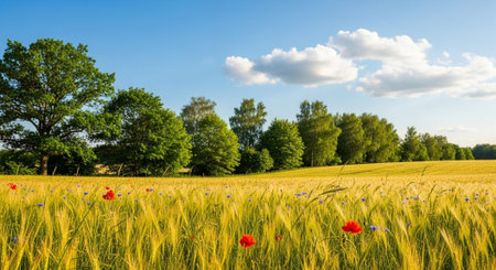 Golden wheat field with wildflowers and blue sky backdropの写真素材