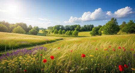 Scenic summer meadow landscape with wildflowers and a blue skyの写真素材