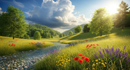 Scenic meadow with creek, flowers, and sunlight landscape