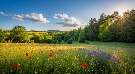 Lush wildflower meadow with forest backdrop and sun flares