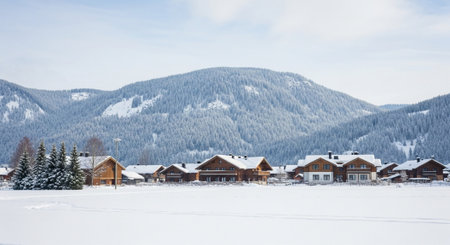 Winter village landscape with snow-covered houses and mountain backdrop