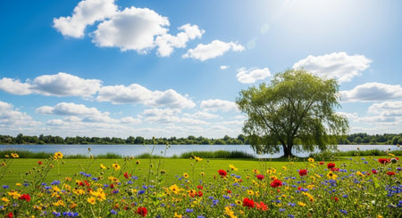 Idyllic lakeside scene with vibrant wildflower meadow in summerの写真素材