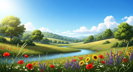 Serene countryside scene with winding river and wildflowersの写真素材