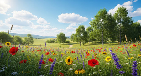 Idyllic meadow of wildflowers in summer landscape sceneの写真素材