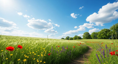 Scenic field with flowers under a bright blue sky
