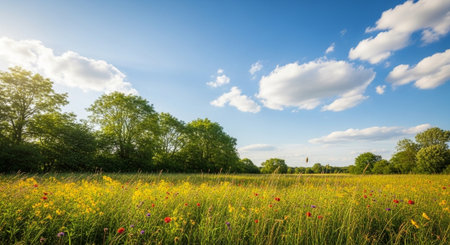 Scenic meadow with wildflowers and trees under a sunny skyの写真素材